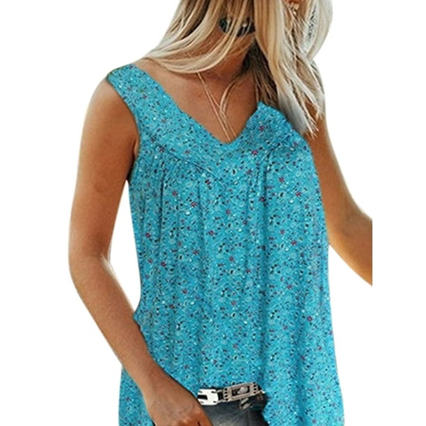 New Women's Summer Floral V-Neck Babydoll Cotton Smock Waist Casual Tank Top